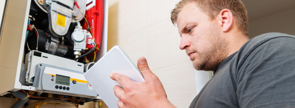 Technician installing heat pump